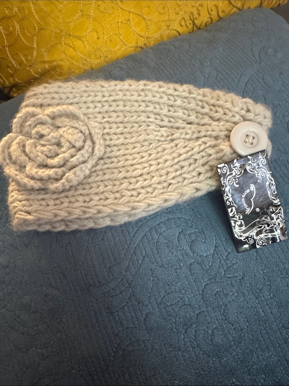 Cream Knit Flower Ear Warmer Headband with Button Accent